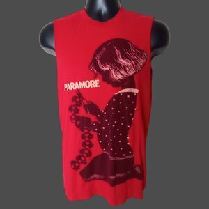 Paramore Band Muscle T Shirt Red Cotton Sz M DIY Cut Graphic Print Tee